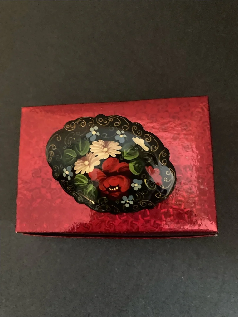 Vintage Handpainted Signed Laquer Brooch